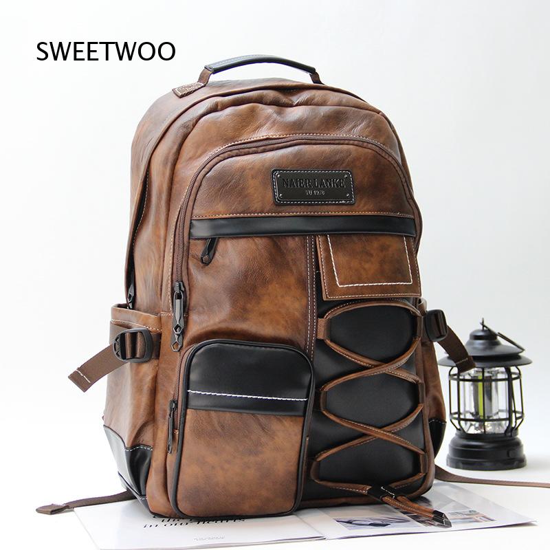 Leather Backpack Vintage - Mochila masculina de couro sintético com